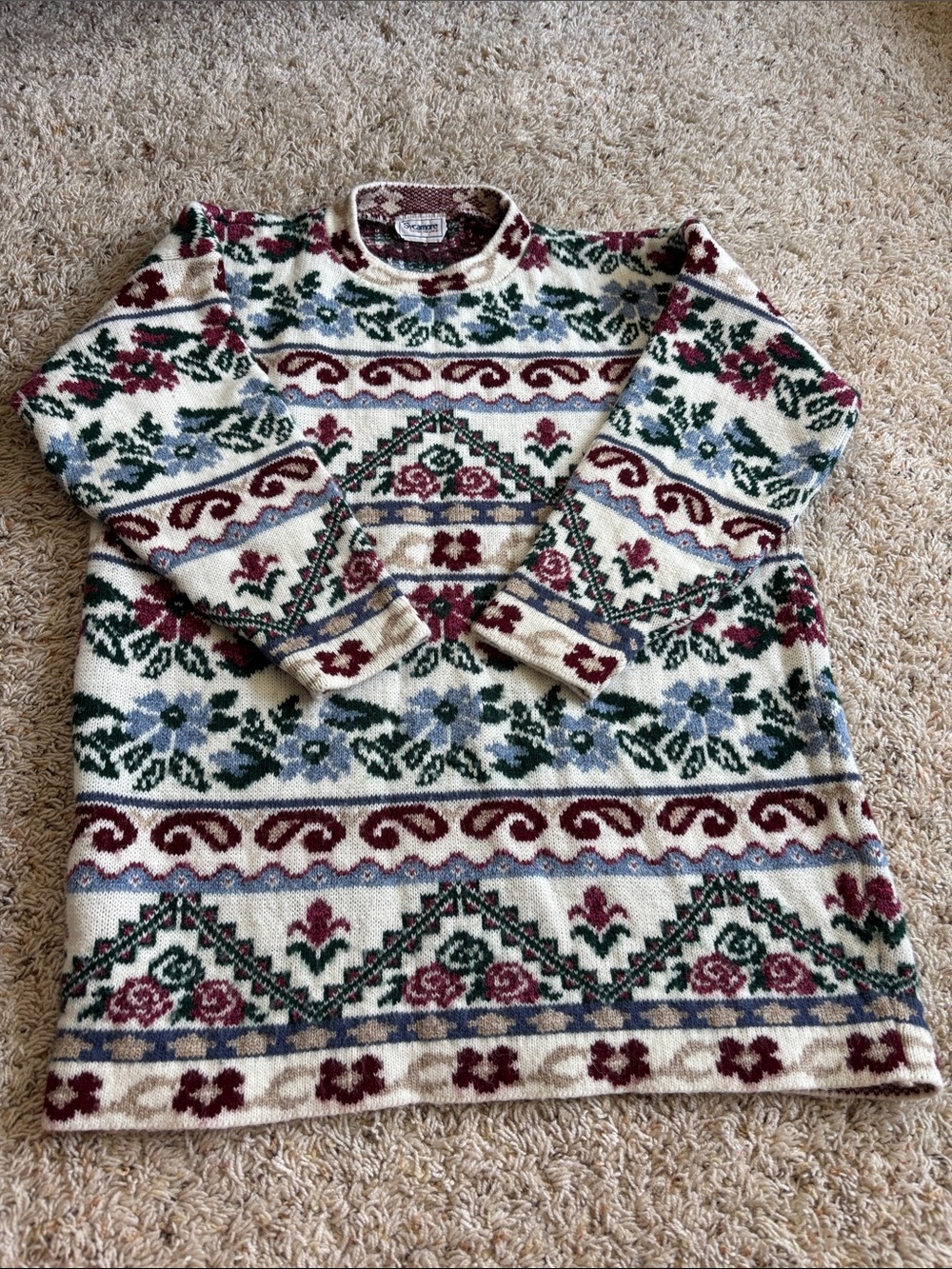 Vintage 80s Cream Fair Isle Patterned Crewneck Sweater 100% acrylic
